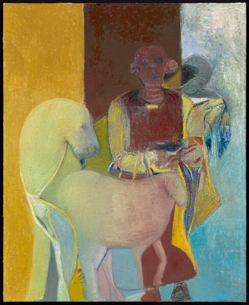  Mars Red Figure and Yellow Animal Looking Back, 2014, oil on canvas, 32”x26” 
