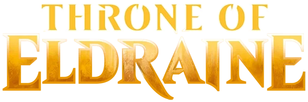 Text reading "Throne of Eldraine" in golden gradient font.