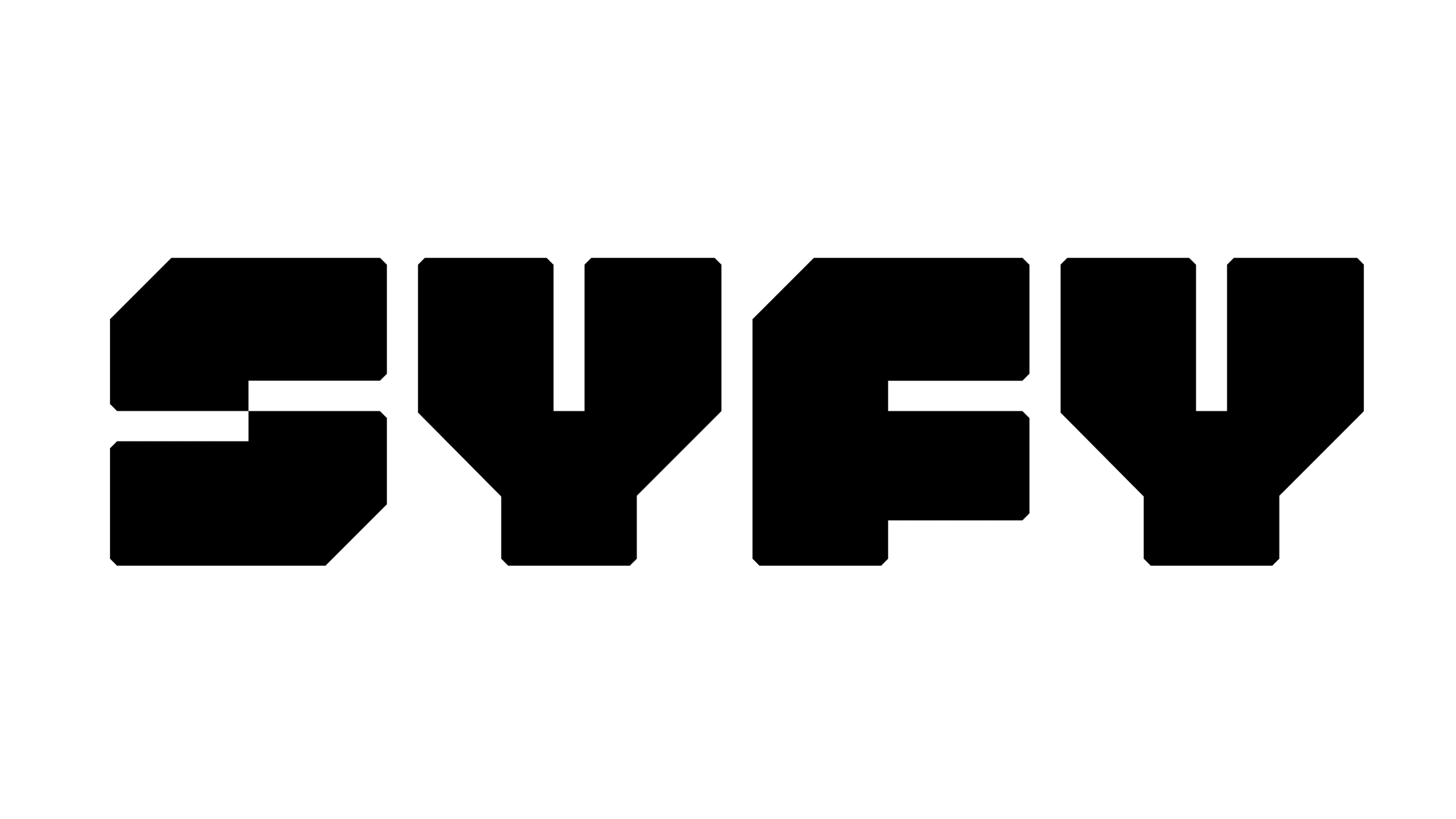 The word 'SYFY' in large outlined futuristic font on a black background.