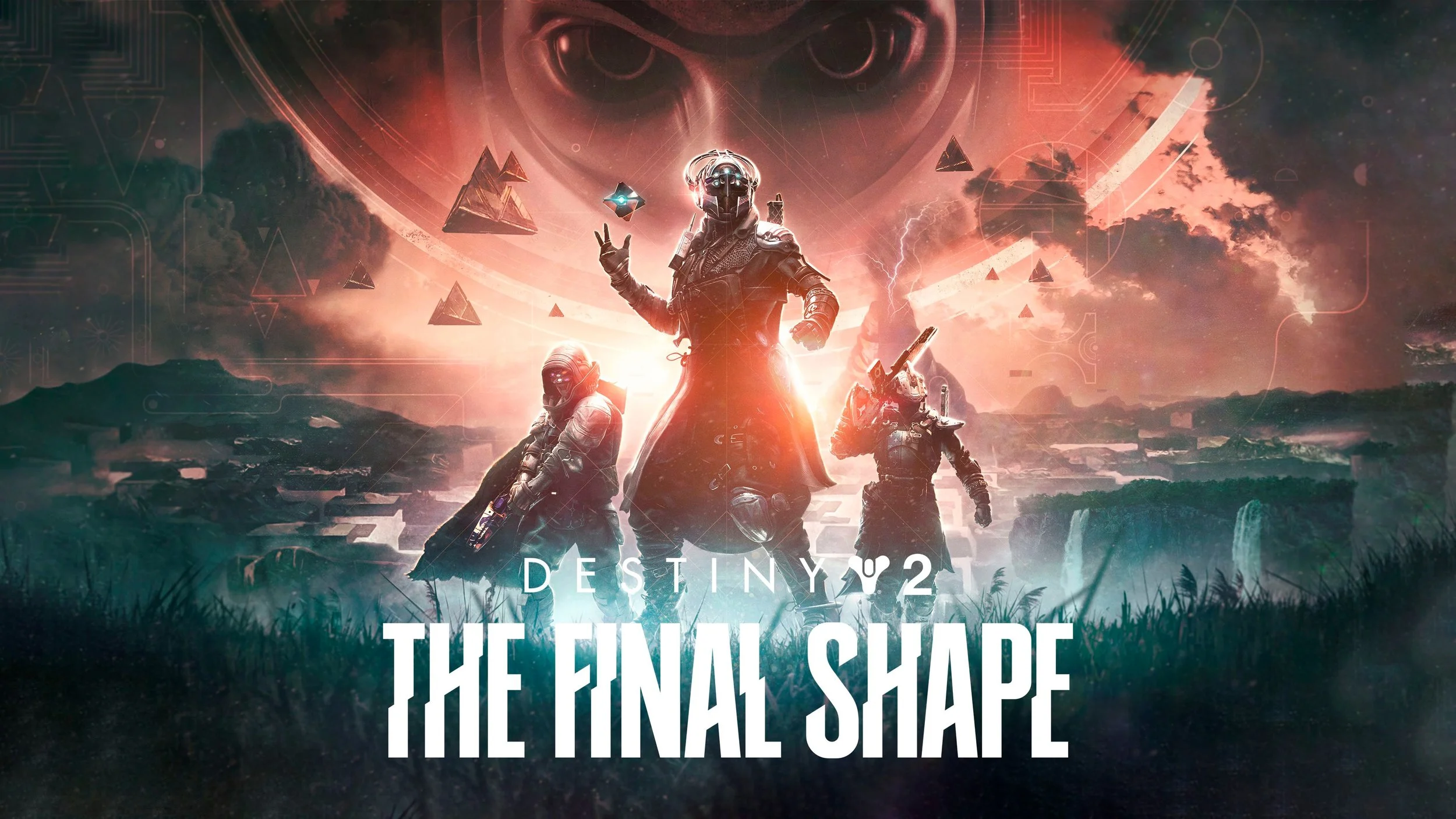 Poster for Destiny 2: The Final Shape, showing four characters in futuristic armor with a cosmic background, pyramids, and glowing elements.