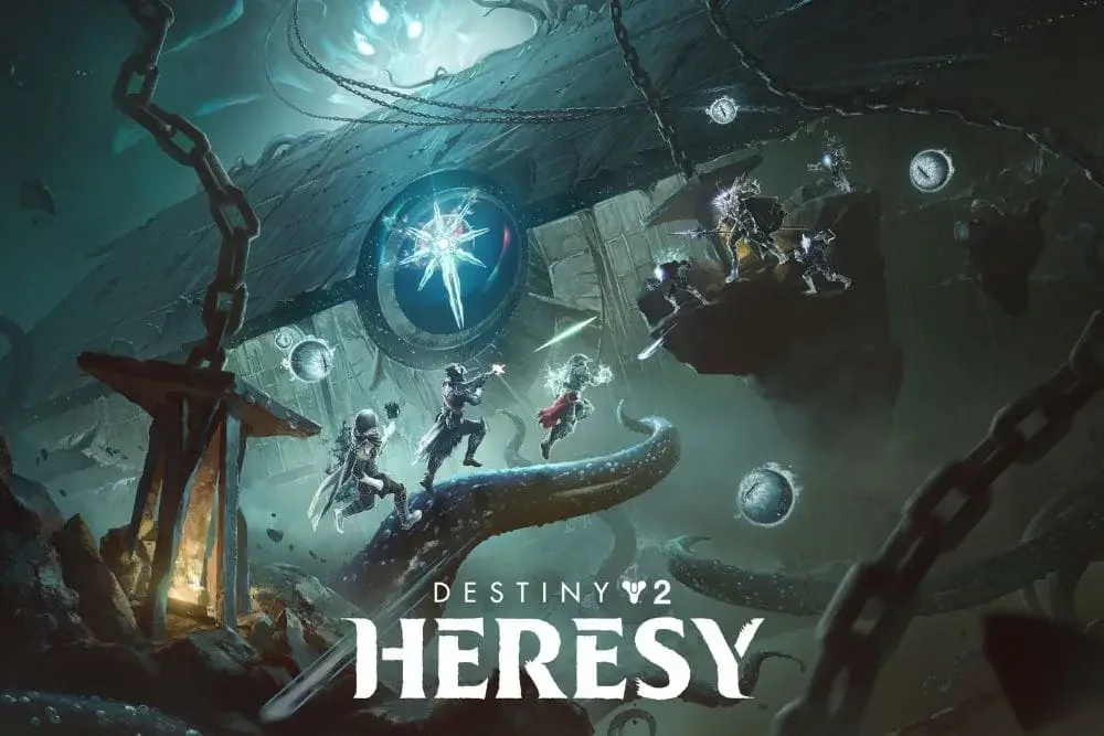 In this dark, fantasy-style illustration, characters in armor and cloaks wield weapons as they battle against monstrous, tentacle-like creatures in an underground or abyssal setting. There are floating orbs and a glowing portal or emblem in the background, with chains hanging from above, creating a chaotic and mystical scene. The text