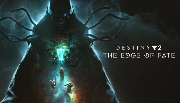 Dark image of a person with glowing elements, surrounded by tentacle-like structures, with three smaller figures approaching a glowing object. Text reads "Destiny 2: The Edge of Fate."