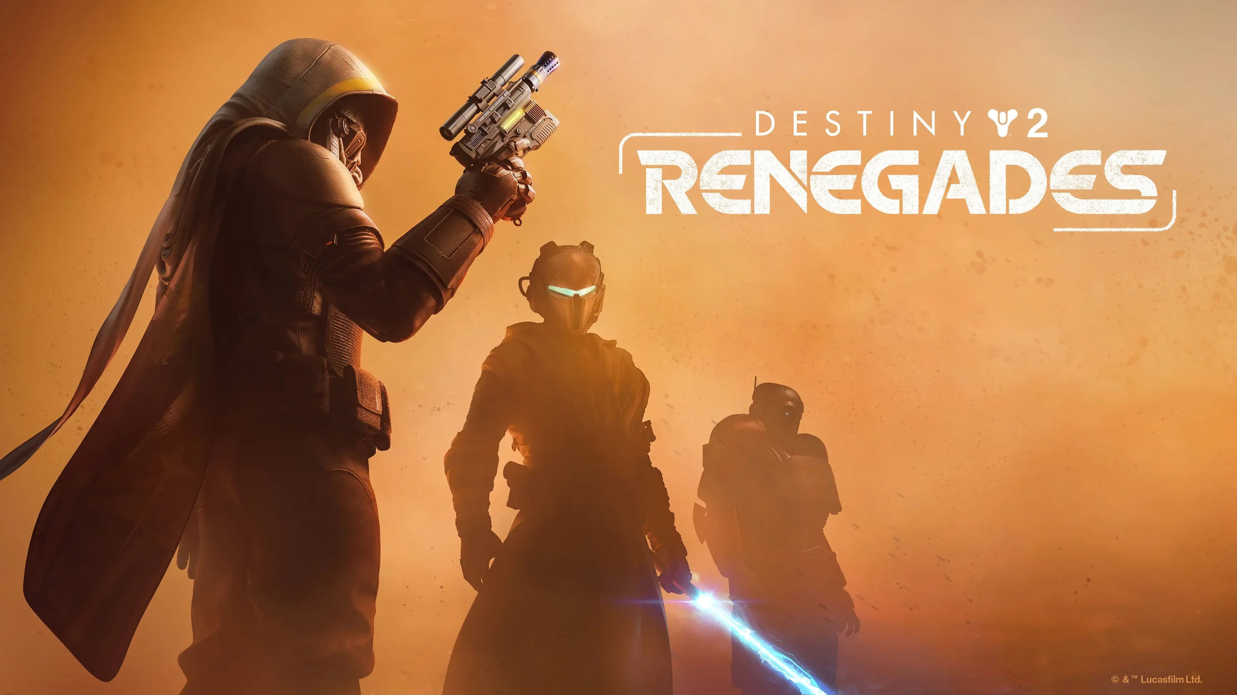 Three futuristic characters stand in a smoky orange environment, one holding a gun, another with a glowing sword, all wearing high-tech armor and helmets, with the text 'Destiny 2 Renegades' in the top right.