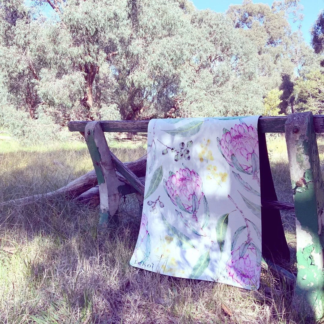 Submerge yourself into nature, with this rich blend of native Australian Proteas and wattle flowers. Our beautiful Protea &amp; Wattle yoga mat design (by @_carmenhui_ ) is a blend of elegance and feminity and the perfect mat for your yoga, meditatio