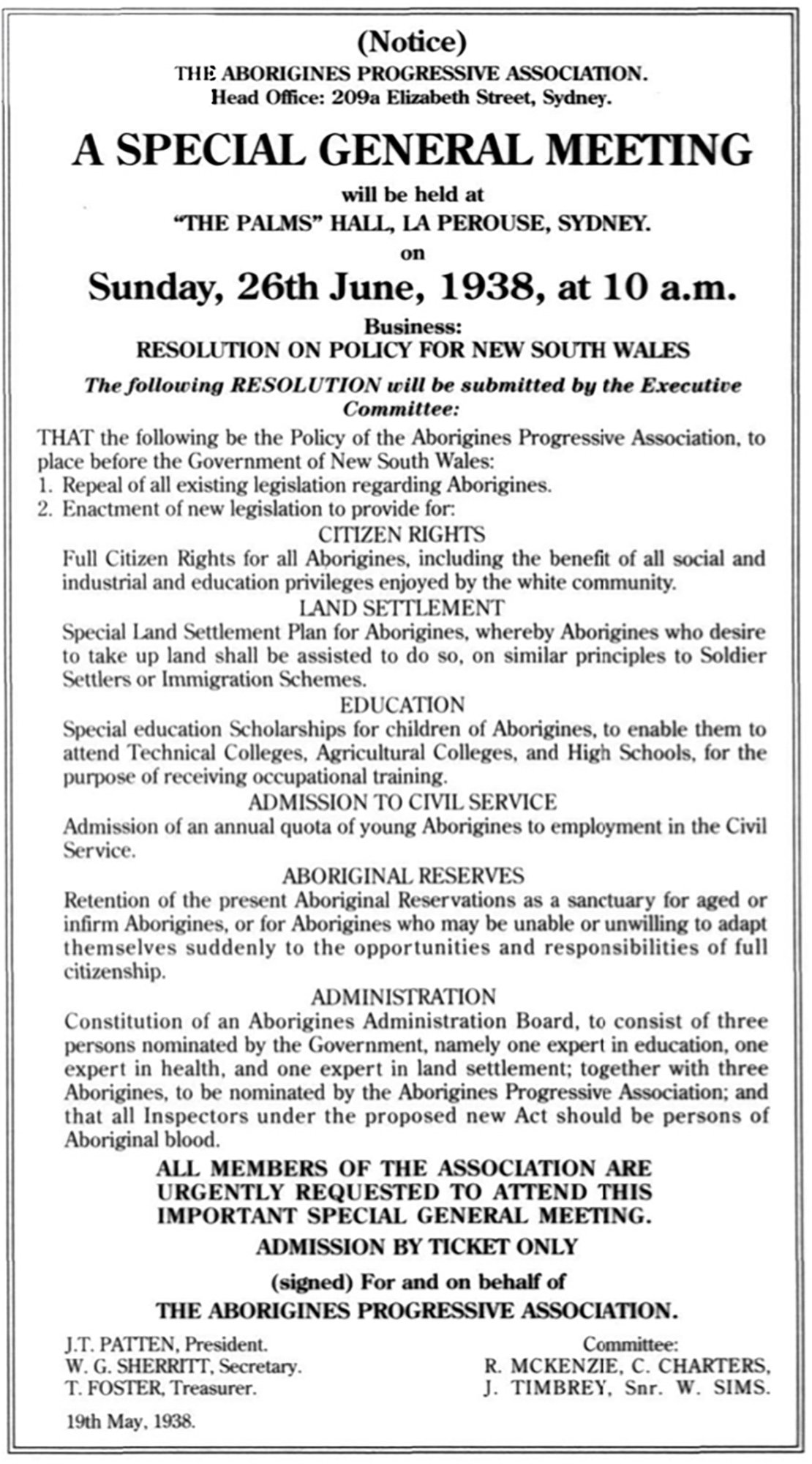 Notice from the Aborigines Progressive Association for a Special General Meeting
