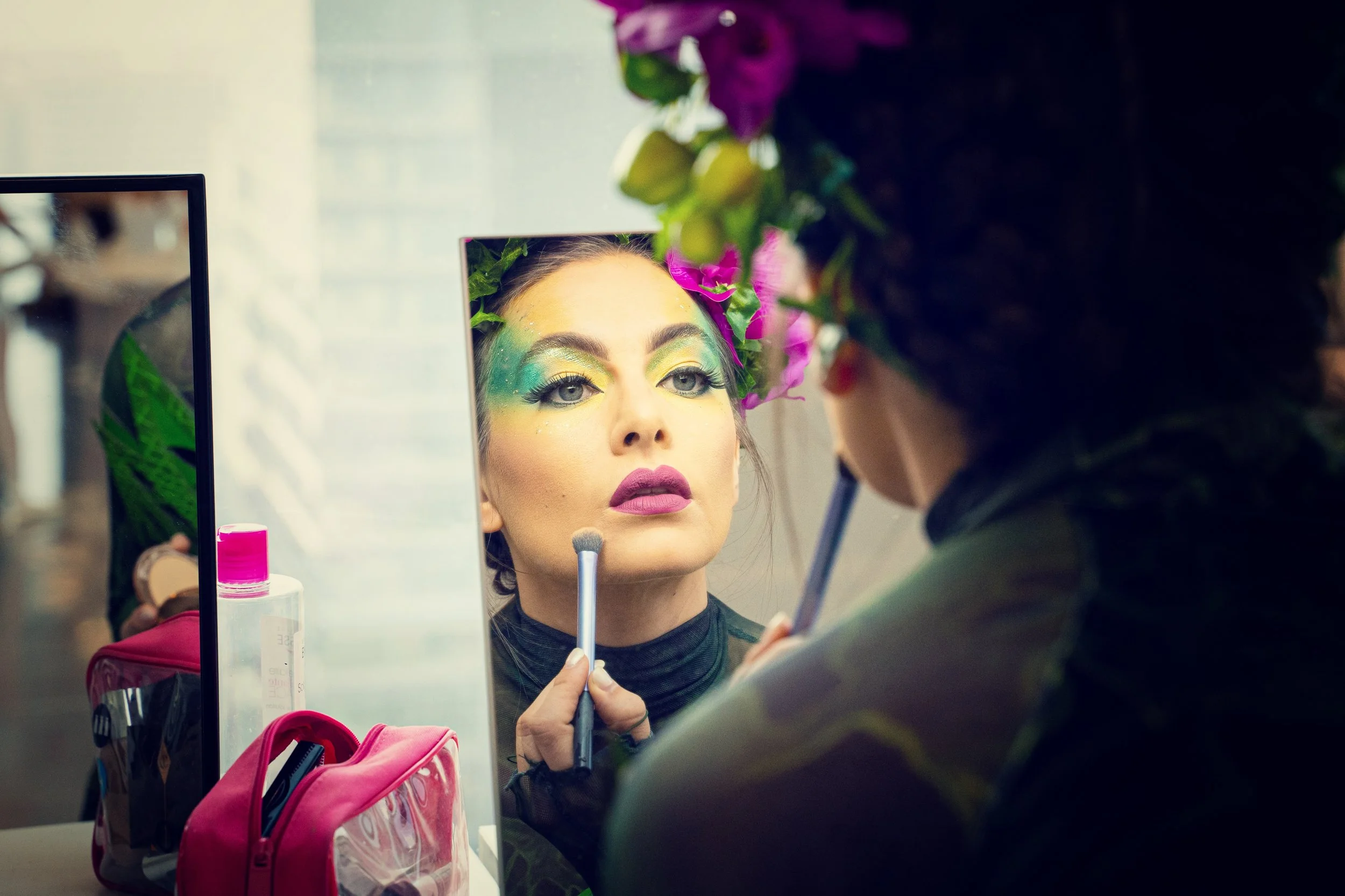 A close-up of a BPM Productions Hong Kong artist receiving theatrical makeup for the 2019 K11 MUSEA grand opening event.