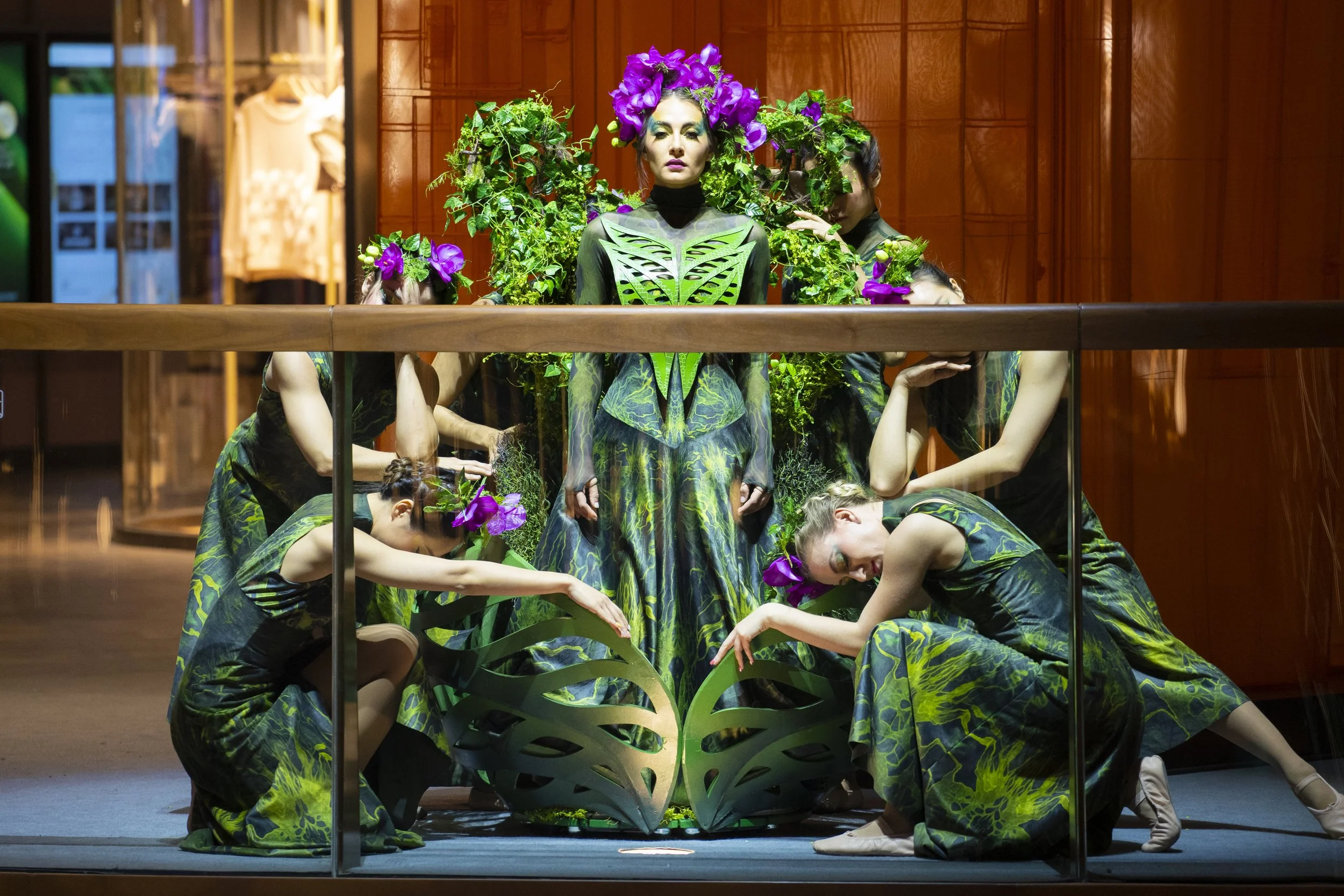 Intricately costumed "Nature Muse" performers by BPM Productions Hong Kong posing at the K11 MUSEA 2019 grand opening in the "Silicon Valley of Culture."