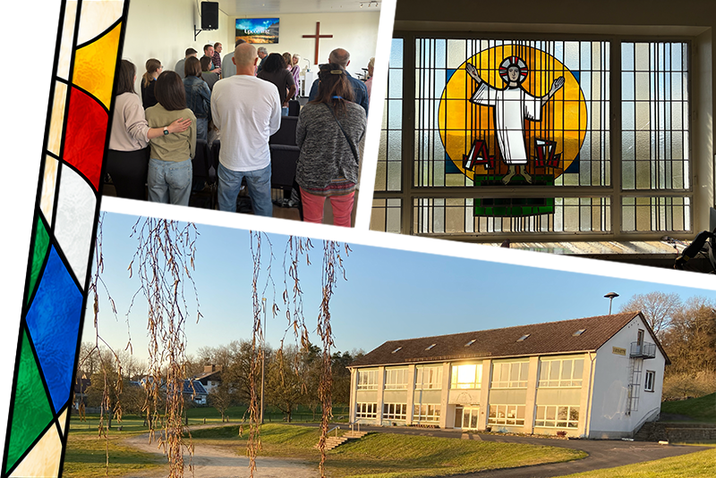 A collage of three images: the top left shows people attending a church service indoors; the top right features a stained glass window of Jesus Christ with a yellow halo, arms raised, inside a church; the bottom image depicts a rural building with a sloped roof, surrounded by trees and a grassy area during sunset.