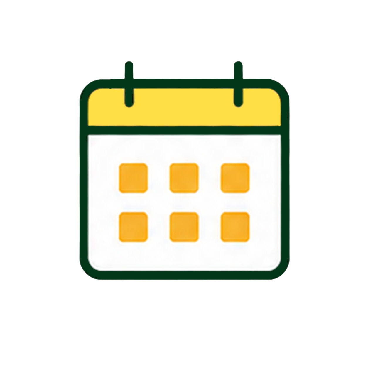 Illustration of a calendar with a yellow top bar and six yellow squares representing dates, on a grey background.