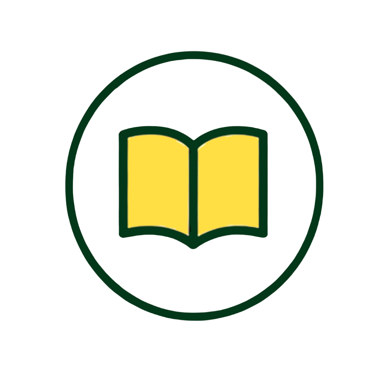 Icon of a yellow open book inside a white circle with a dark green border on a gray background.