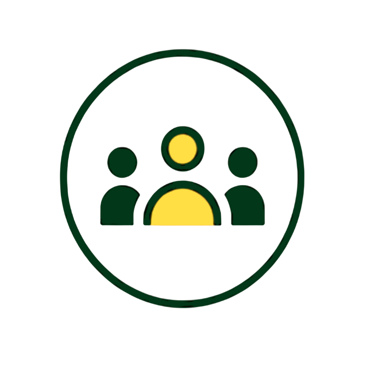 Icon of three stylized human figures in green and yellow inside a circular border.