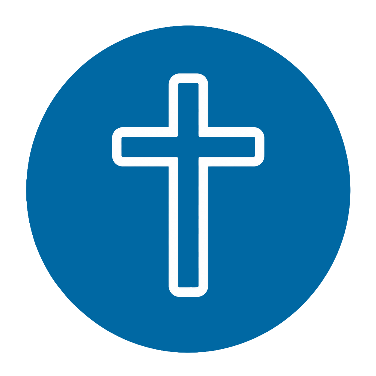White outline of a cross on a blue circular background.