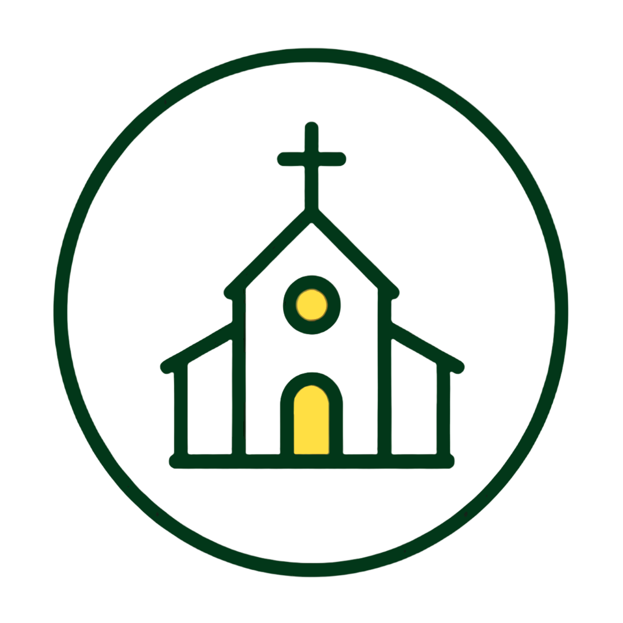Icon of a church with a cross on top, a circular window, and a yellow door, outlined in dark green inside a circular border.