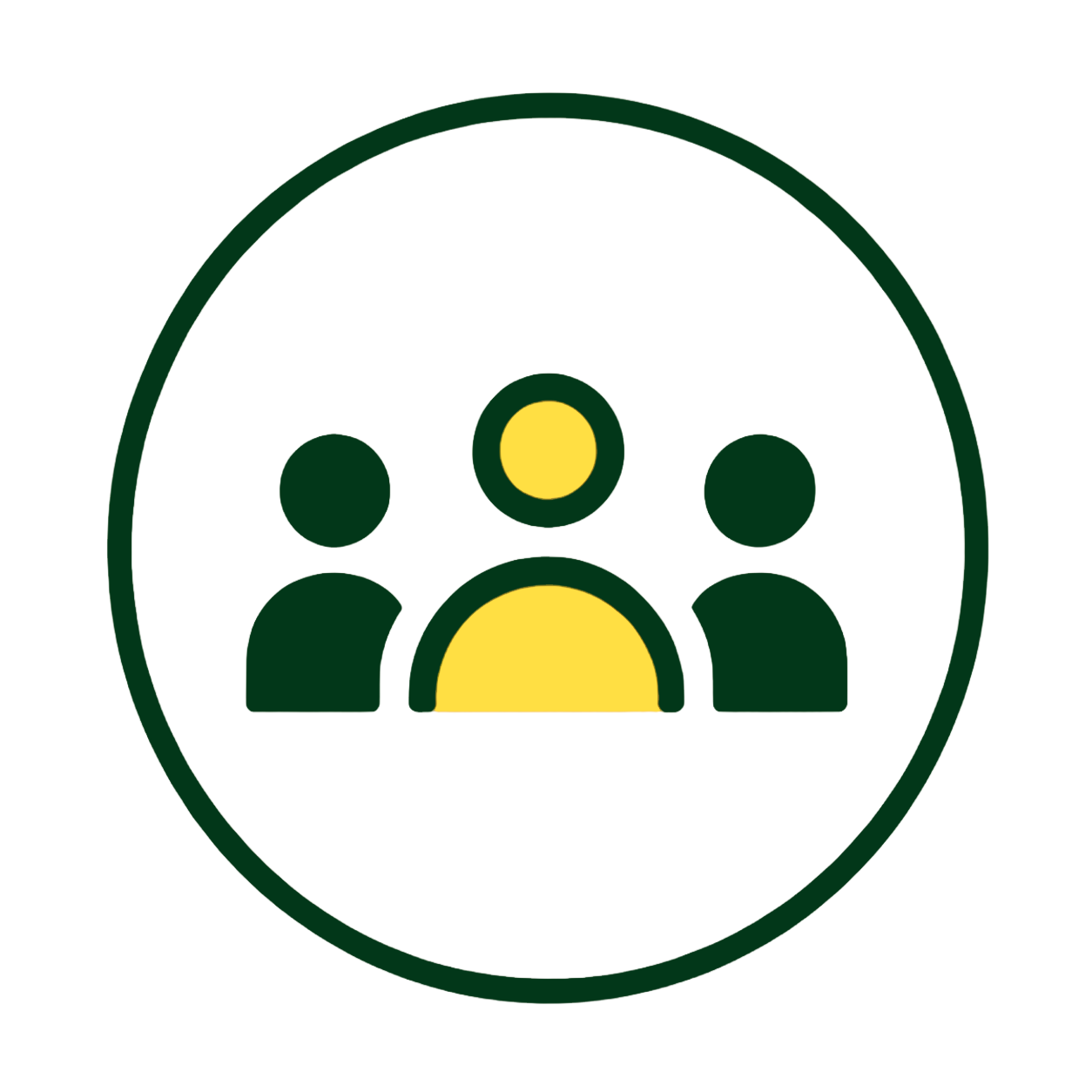 Icon of three stylized human figures inside a green circle, representing a community or group