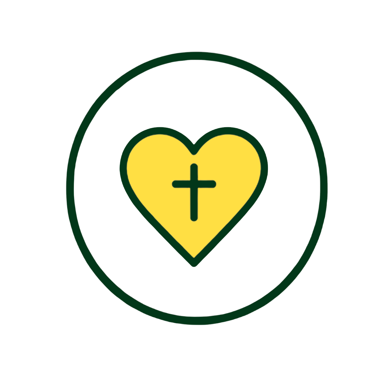 A yellow heart with a green cross in the center, encased in a circular green outline.