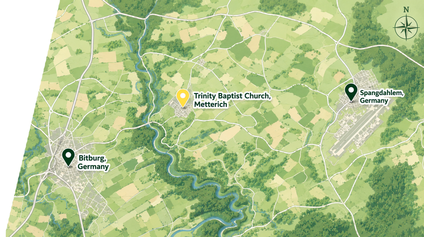 Map showing locations in Germany: Bitburg, Spangdahlem, and Metterich, with roads, rivers, and green landscape.
