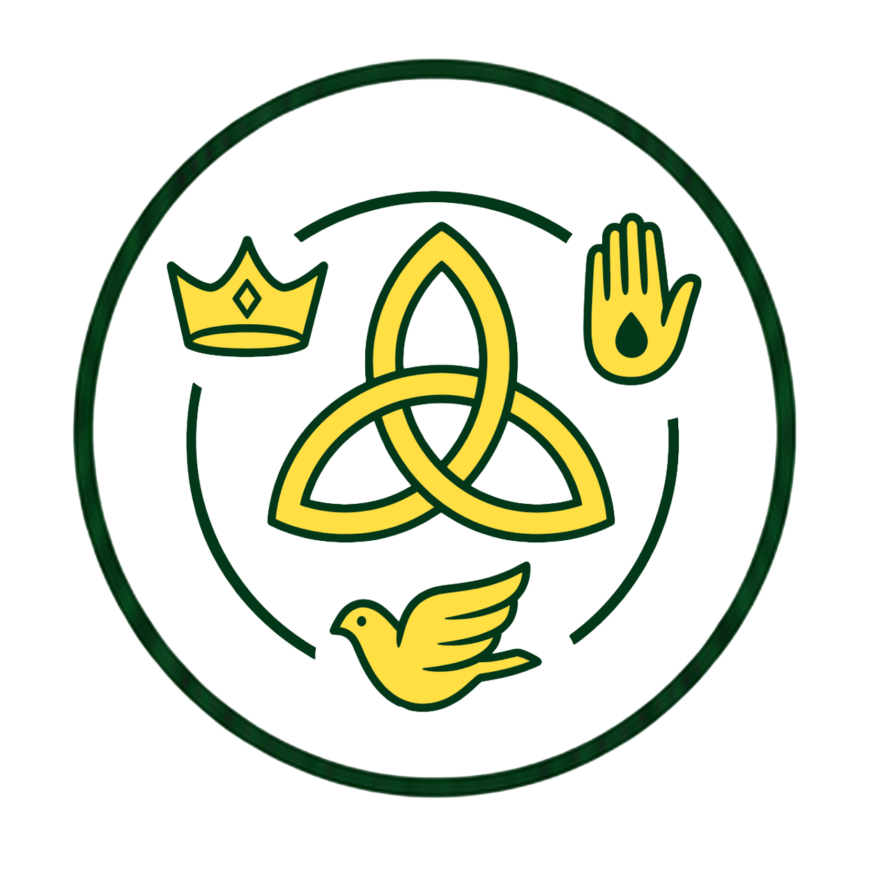 Emblem with a green and white circular background featuring a yellow crown, a yellow dove, a yellow hand with a black drop, and a yellow Celtic knot.