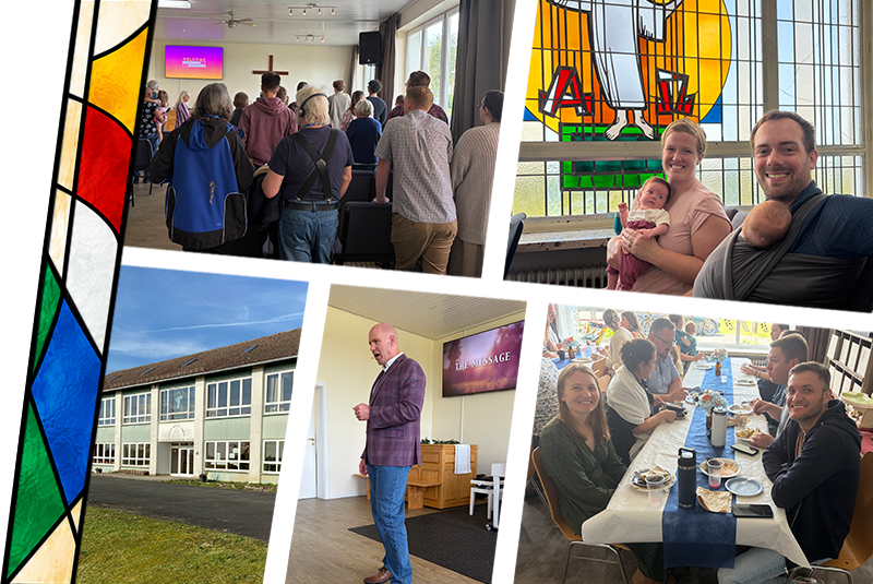 Collage of church-related activities including people gathering in a worship service, an indoor congregation with stained glass windows, a church building, a man speaking at a church event, and a family enjoying a meal at a church gathering.