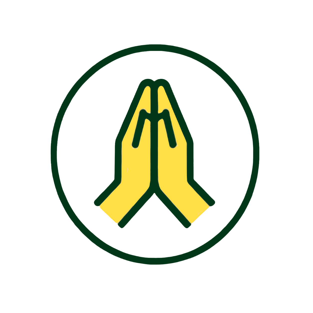 Two yellow hands pressed together in prayer or greeting inside a green circle.