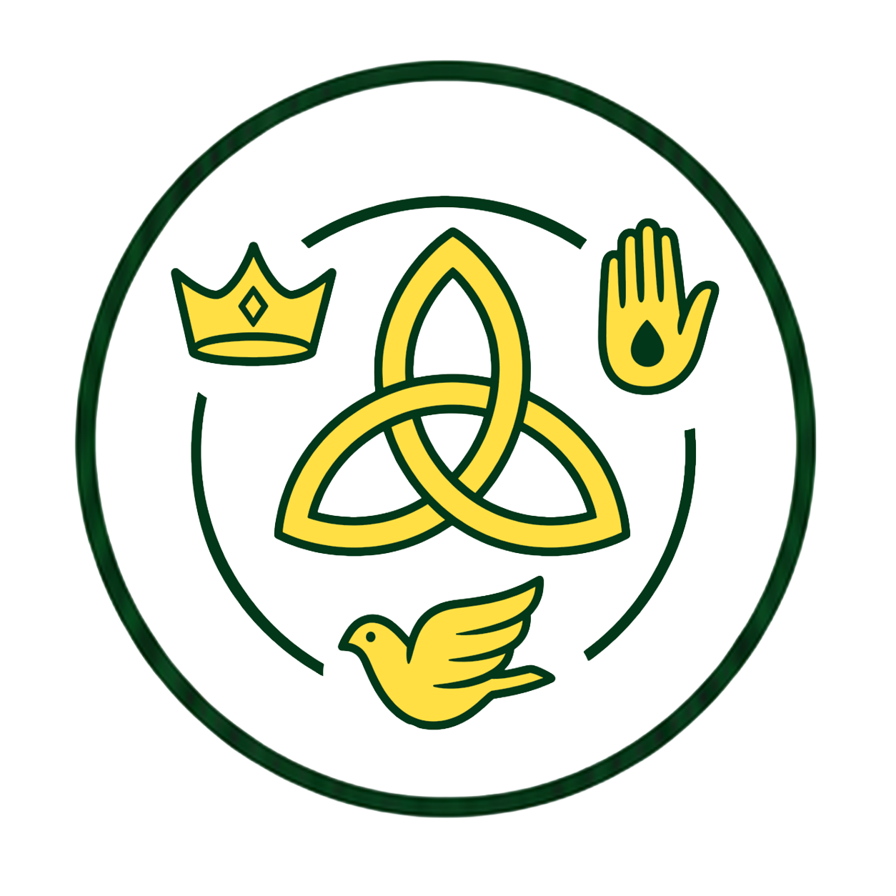 A circular emblem featuring a yellow Celtic knot at the center, with a yellow crown, a yellow dove, a yellow hand with a drop, and a circular arrow surrounding the knot.