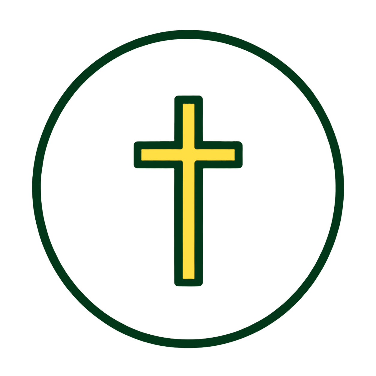 A circular icon with a stylized yellow Christian cross outlined in black, set against a white background and a green border.