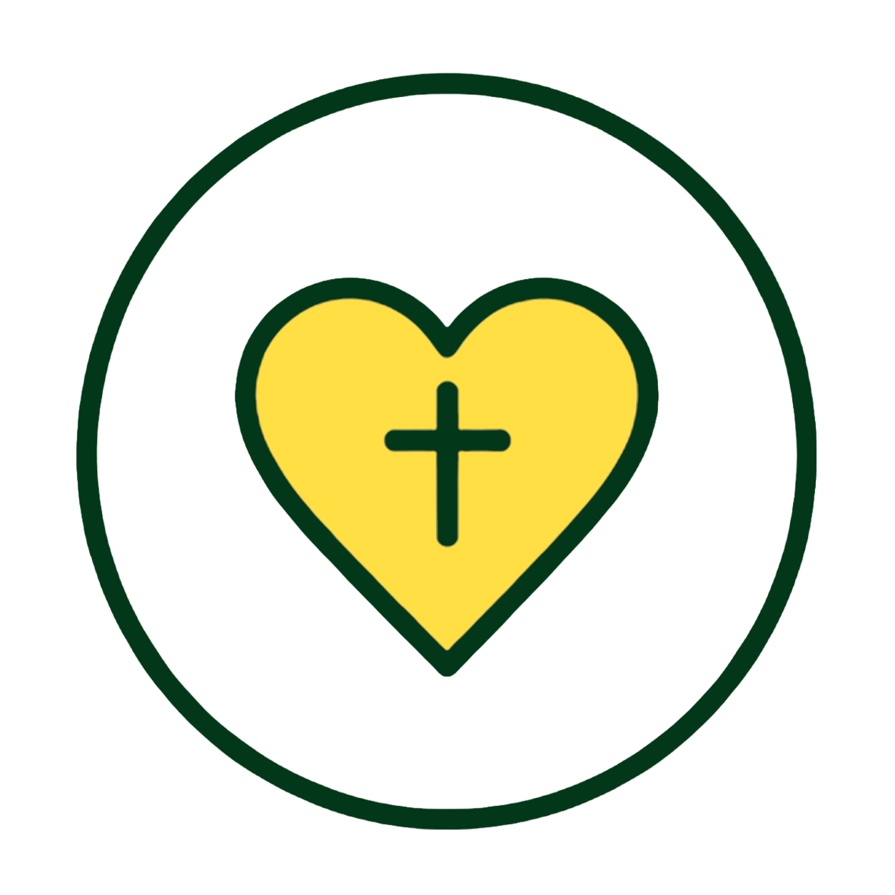 Yellow heart with a black outline, featuring a black cross in the center, surrounded by a dark green circular outline.