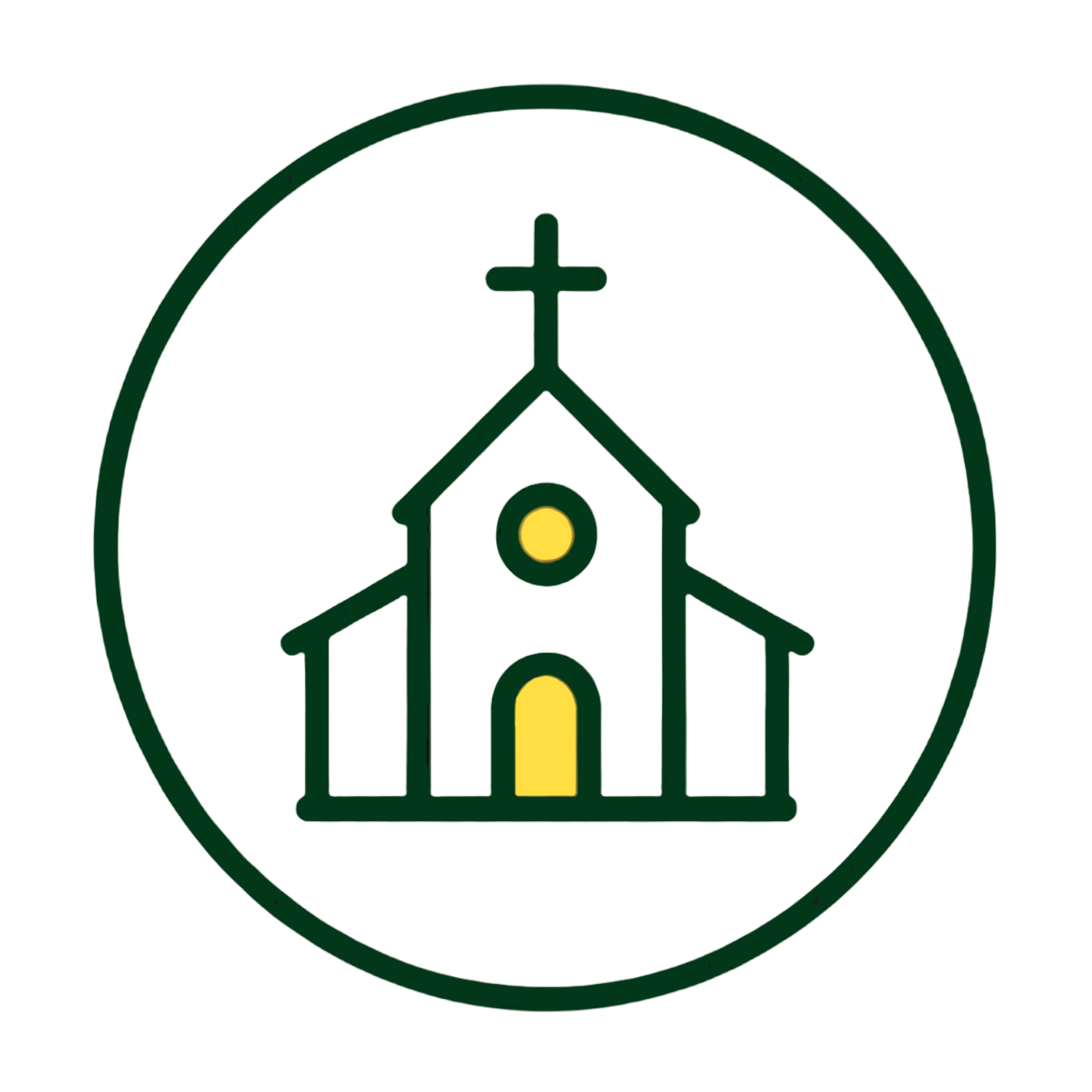 Illustration of a church with steeple, cross on top, yellow doors, and round windows, enclosed in a circular border.