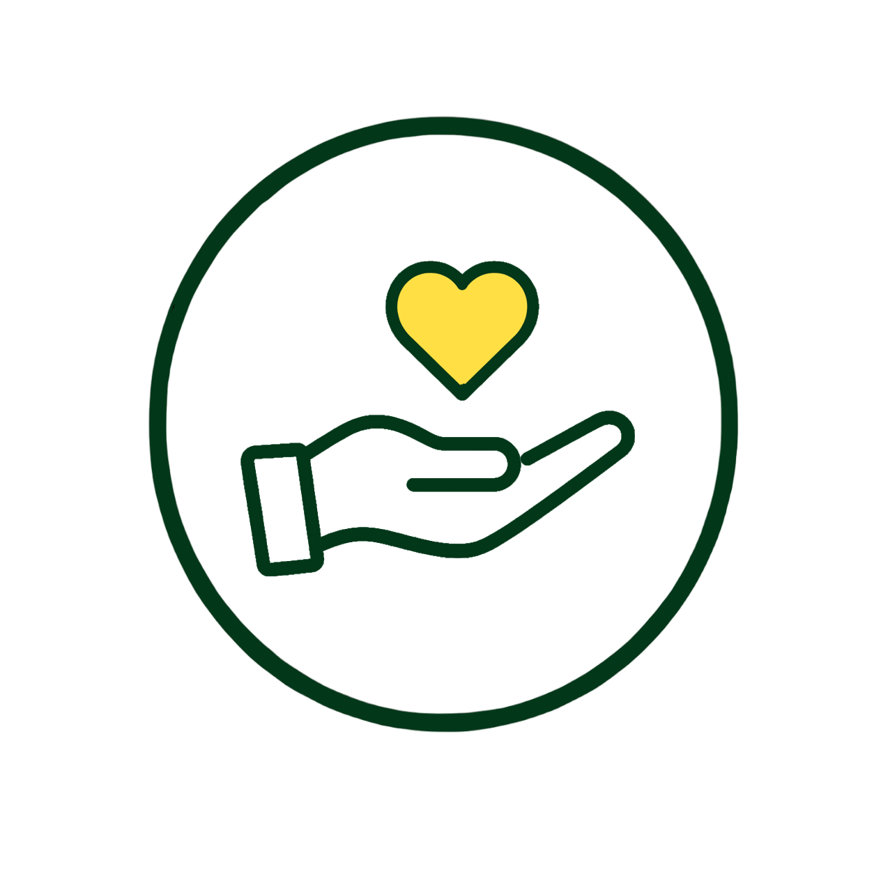 Line drawing of a hand holding a yellow heart inside a circle.