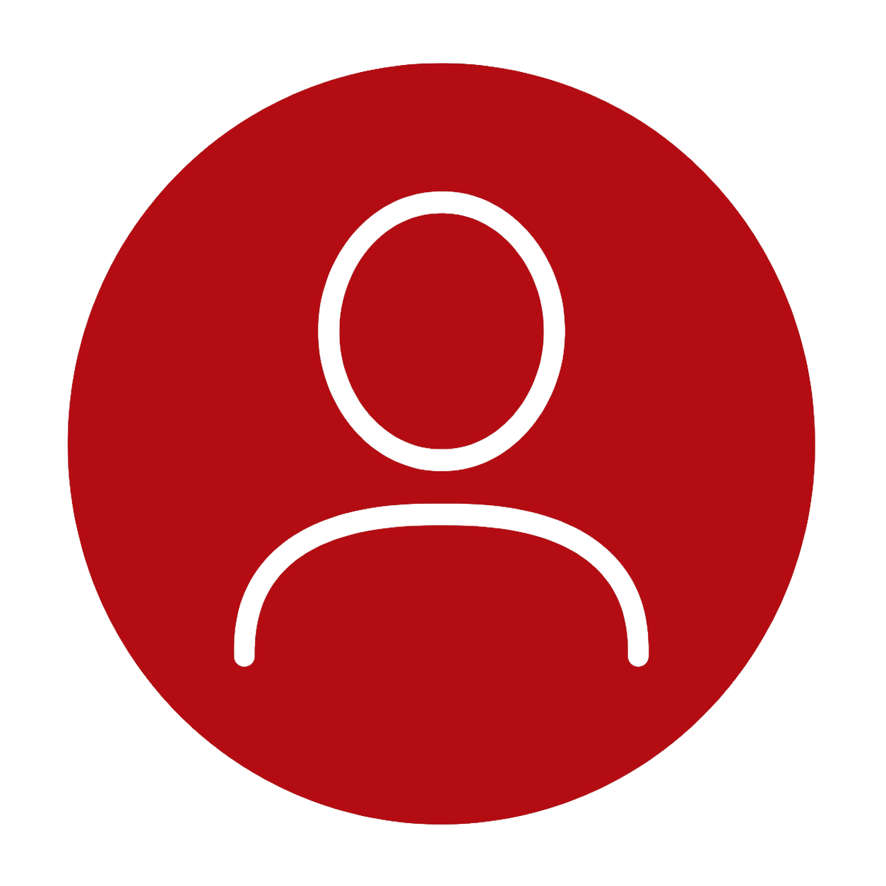 Red circular icon with a white outline of a person, representing a user profile or account.