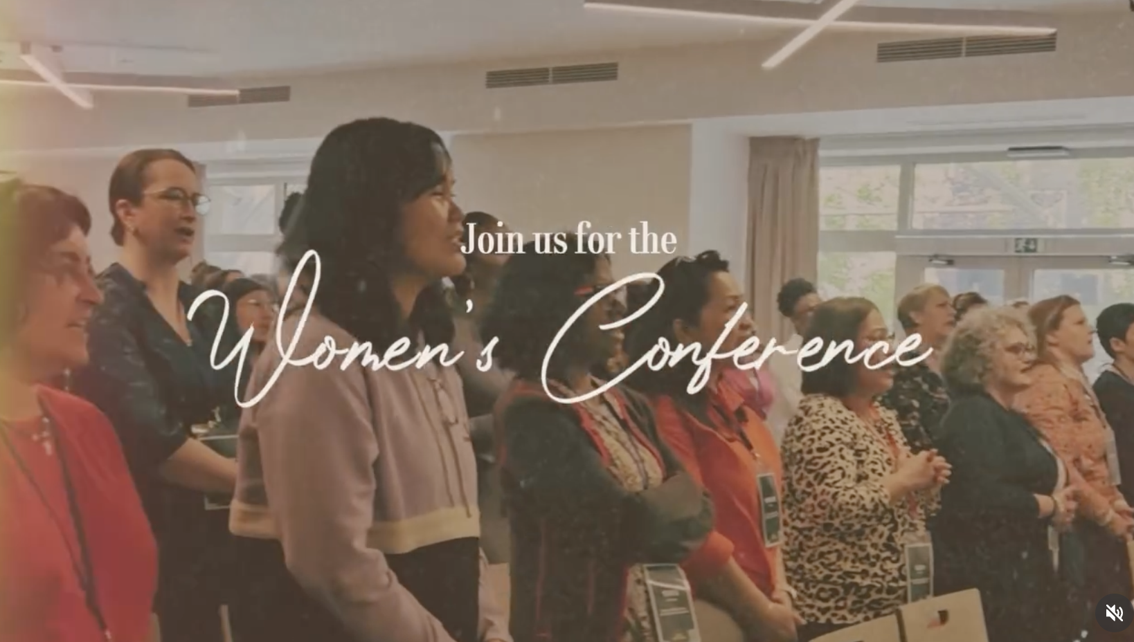 A diverse group of women standing attentively at a conference, with text overlay promoting a women's conference event.