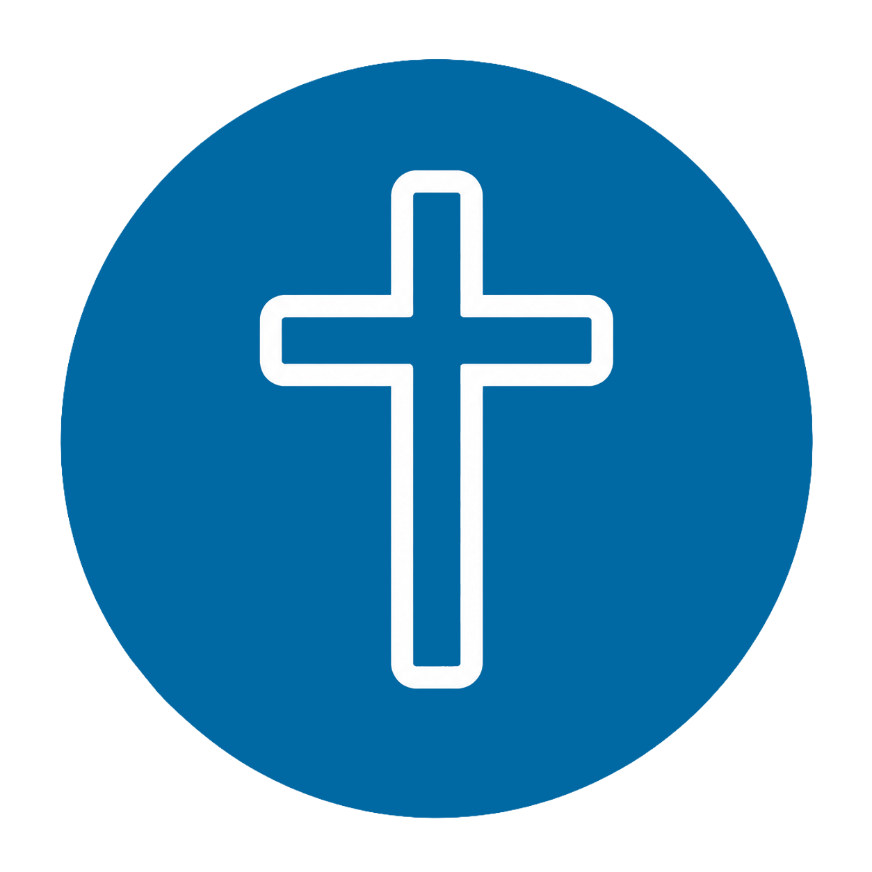 A blue circular icon with a white outline of a cross in the center.