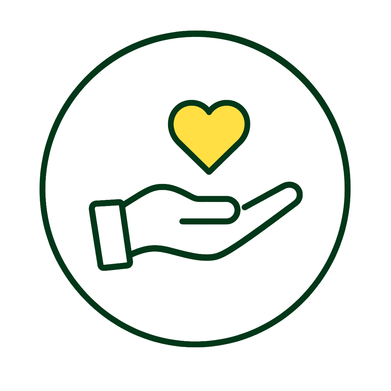 Outline of a hand with a yellow heart above it, enclosed in a circle.