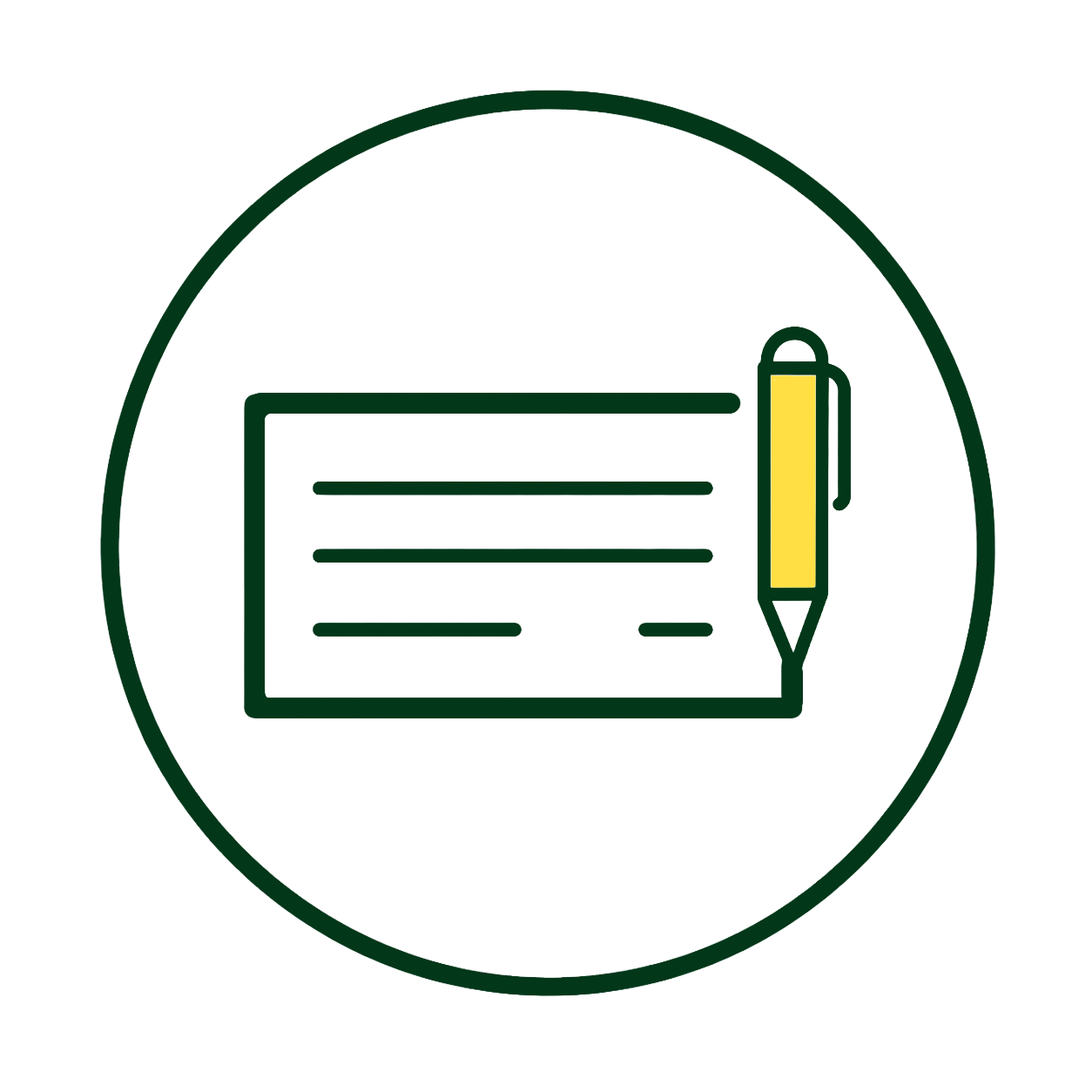 Icon depicting a document with lines of text and a yellow pen to the right, inside a circular border.