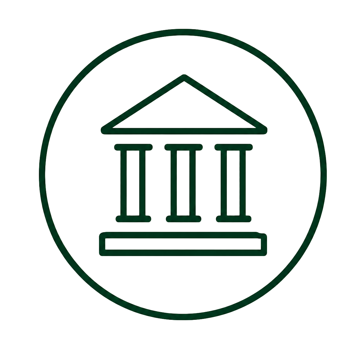 Line drawing of a classical building with columns inside a circular frame.