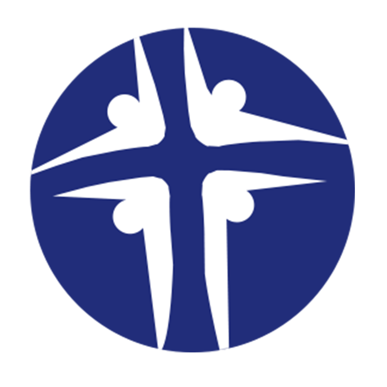 Logo featuring four abstract human figures reaching towards the center, set against a blue background.