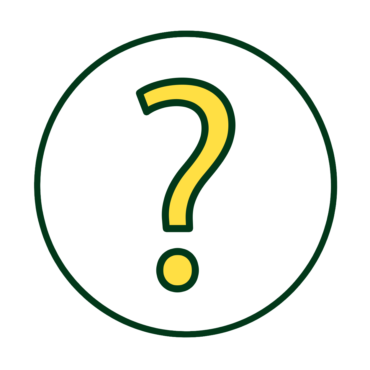 A black circle with a green border containing a yellow question mark with a dark green outline in the center.