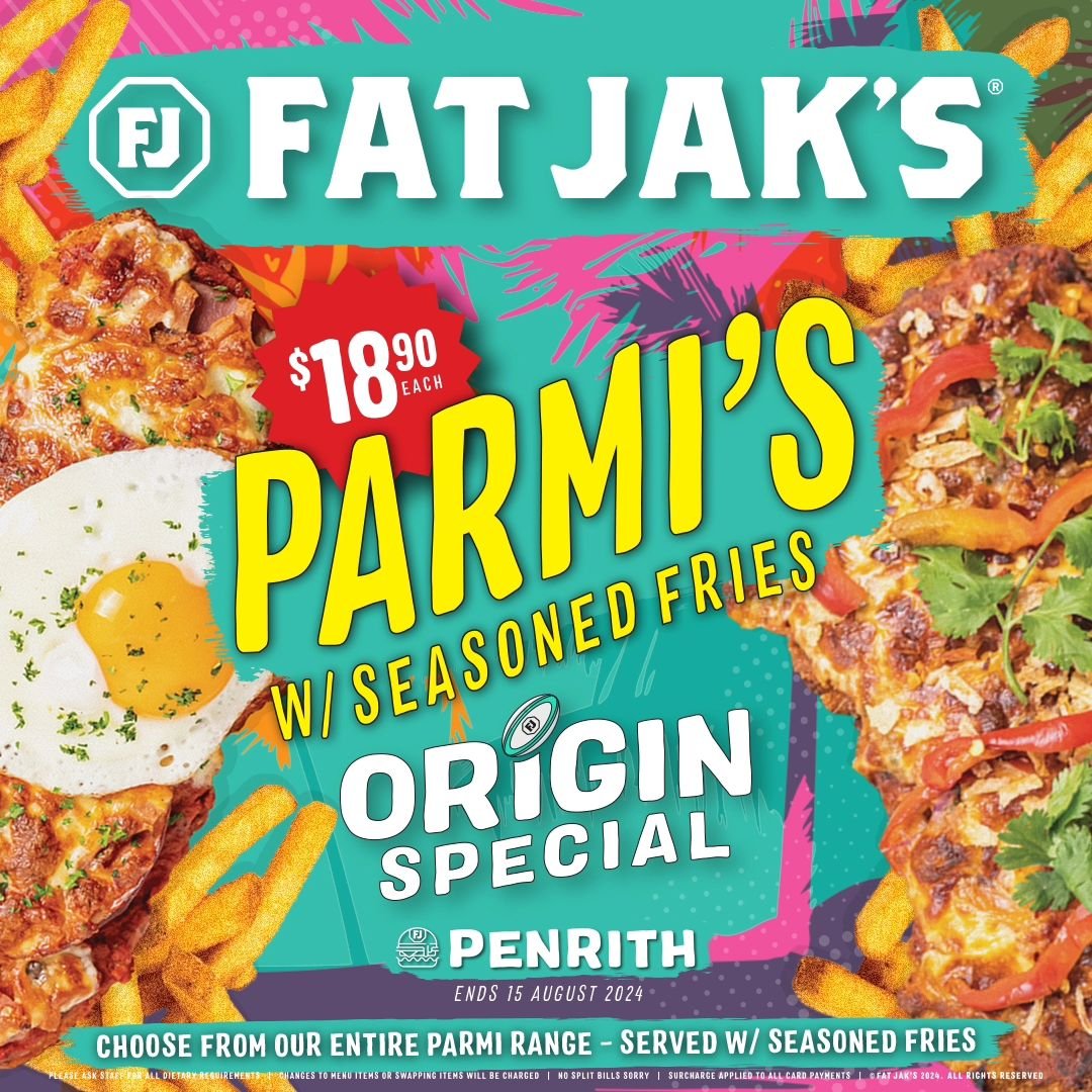 We're kicking our Fat Jak's Penrith store launch off with a bang!

Celebrate our launch and the State Of Origin with a $18.90 Parmi Special! For a limited time, try any of our irresistible Loaded Parmi range with Seasoned Fries for just $18.90.

Come