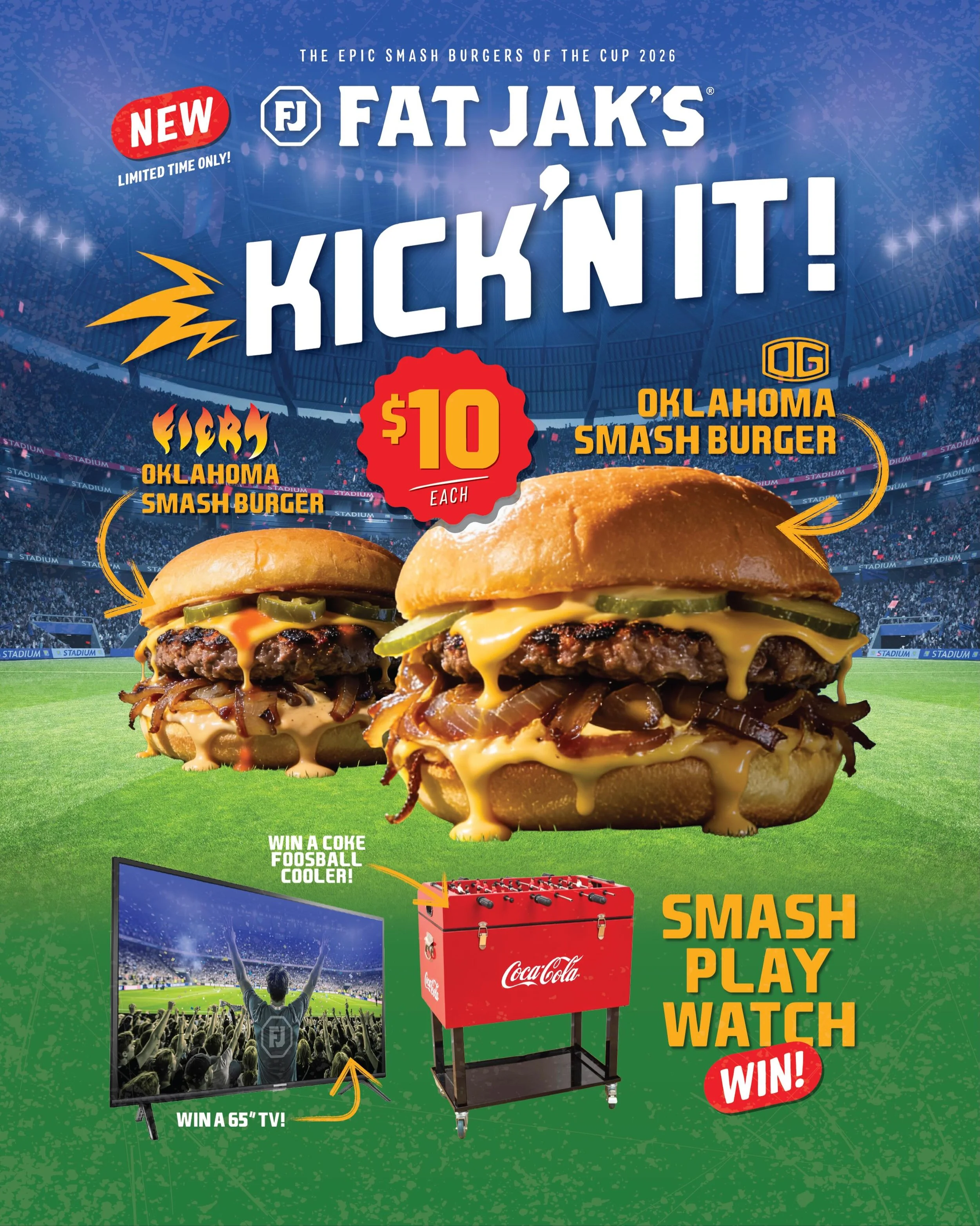 Big news this week at Fat Jak&rsquo;s! ⚽️

We&rsquo;re launching Kick&rsquo;n It! - our World Cup campaign celebrating the legendary game with two new $10 Smash Burgers. Choose from the O.G Oklahoma Smash or turn up the heat with the Fiery Oklahoma S