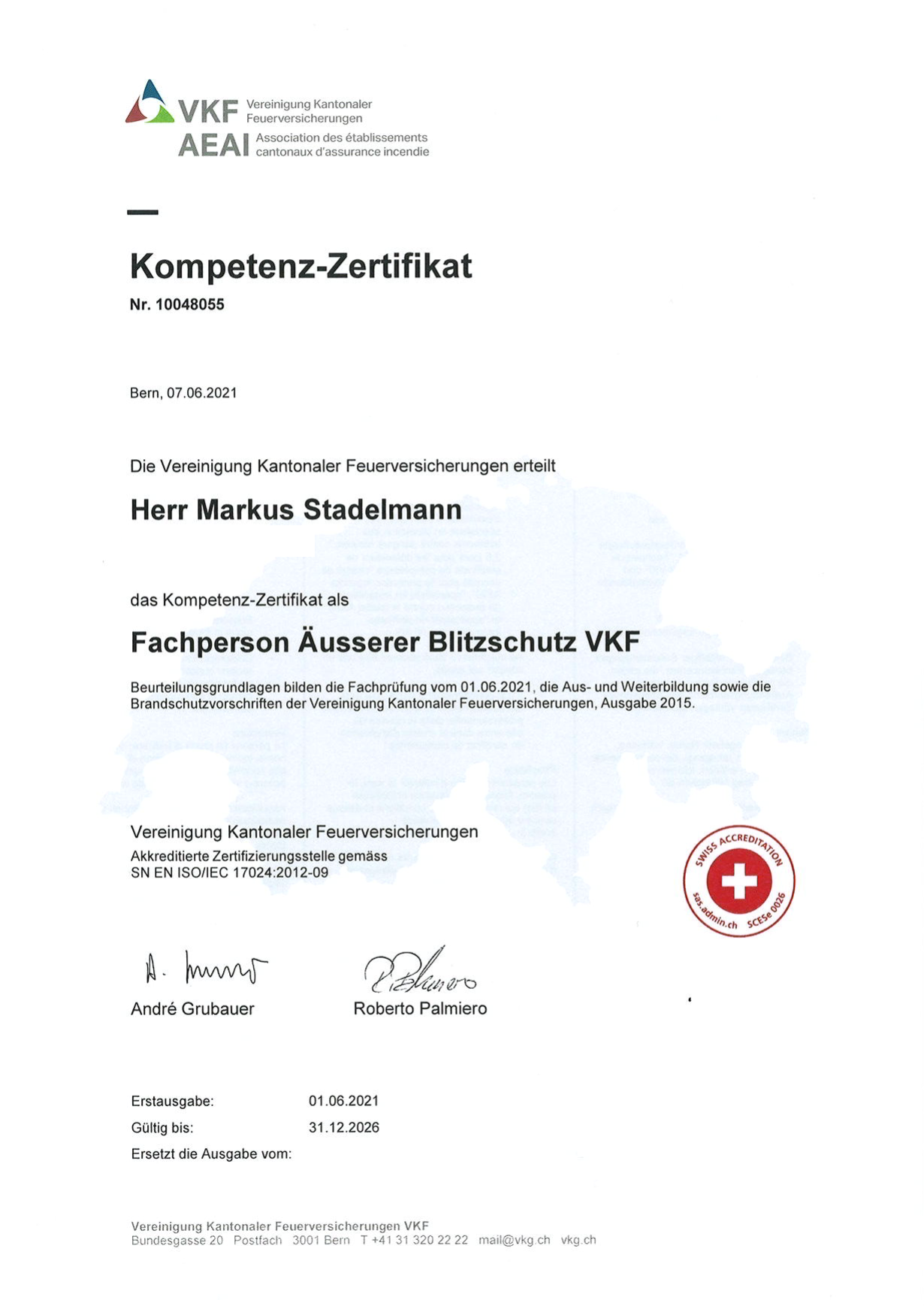 Stadelmann Markus Kompetenz Zertifikat Fachperson äusserer Blitzschutz_1.png