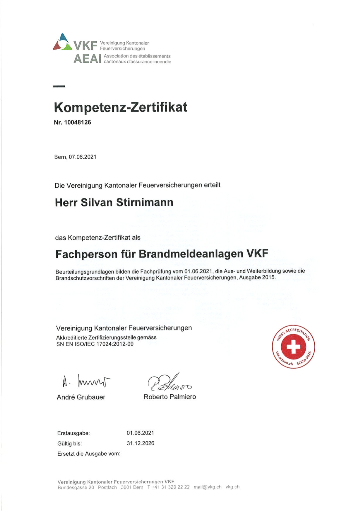 Stirnimann Silvan Kompetenz Zertifikat Fachperson für Brandmeldeanlagen VKF_1.png