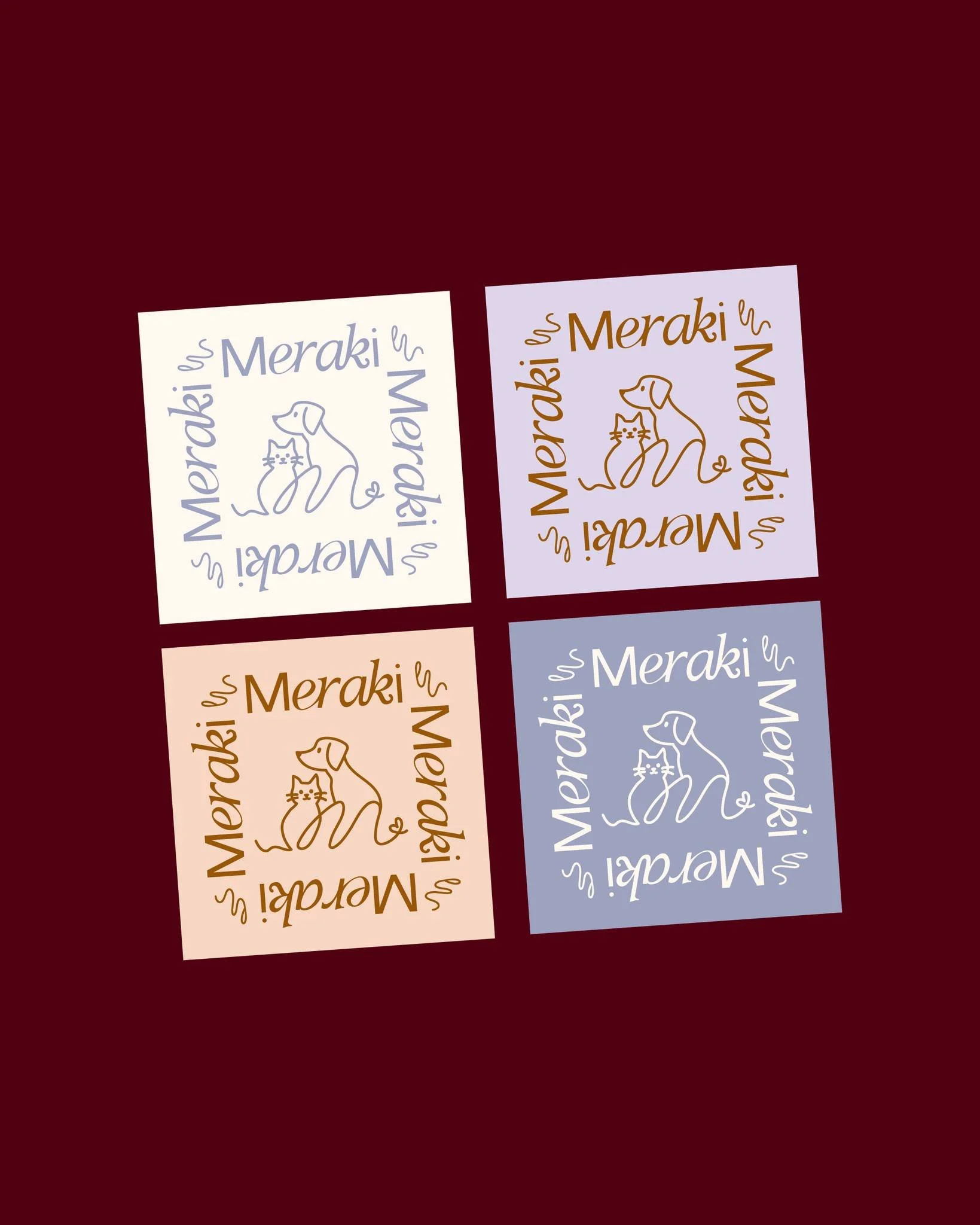 Hello, rejected concept for Meraki Vets.

It&rsquo;s been a while since I worked with a moody palette like this, and I couldn&rsquo;t let it sit in the archives.

Still loving how the cat, dog, and letter M intertwine&mdash;designed to work both toge