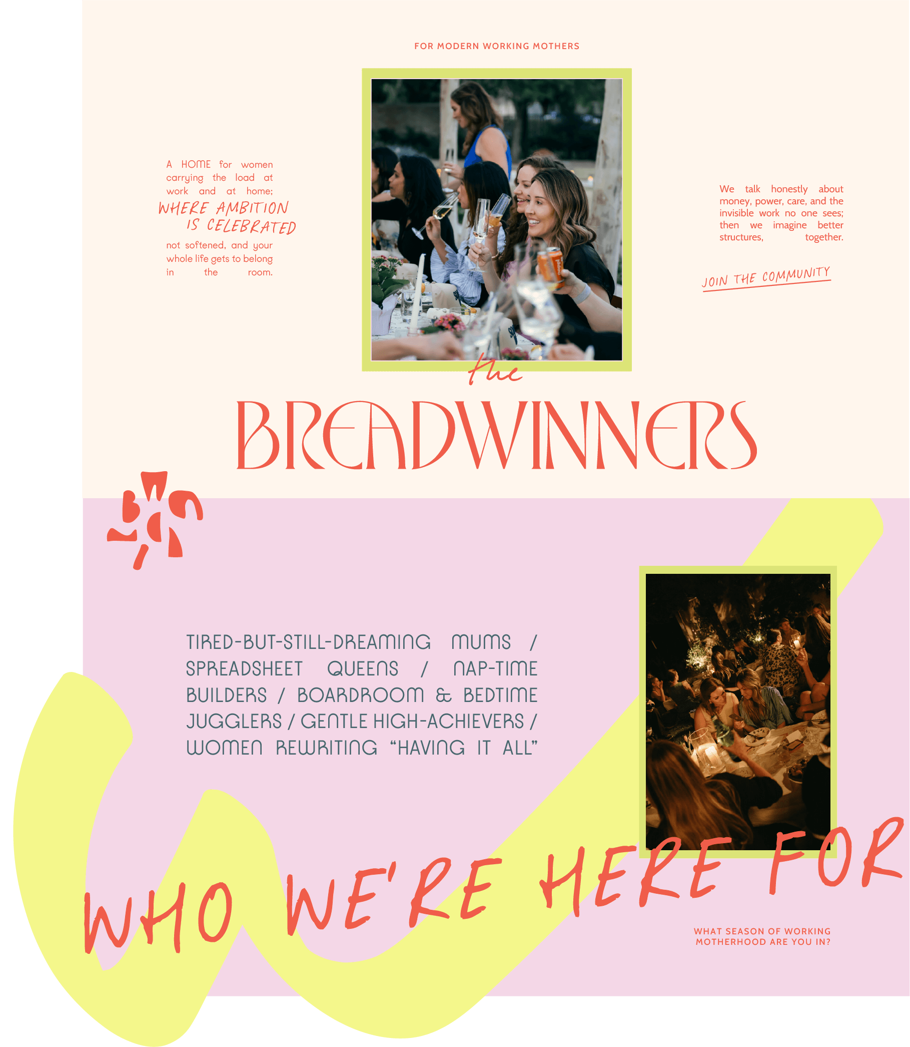 Website hero and brand messaging design for The Breadwinners, featuring bold typography and community-focused language for modern working mothers.