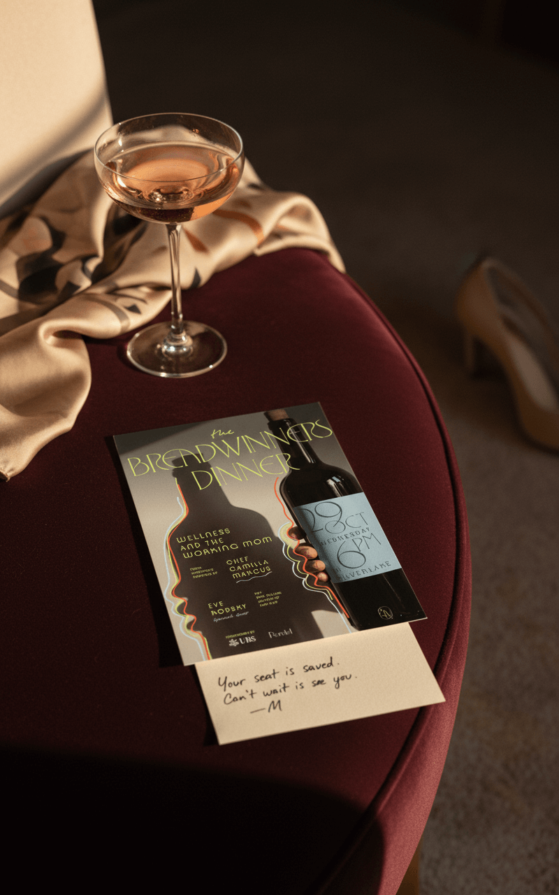 Event branding and dinner invitation design for The Breadwinners, featuring a styled cocktail setting and printed event collateral.