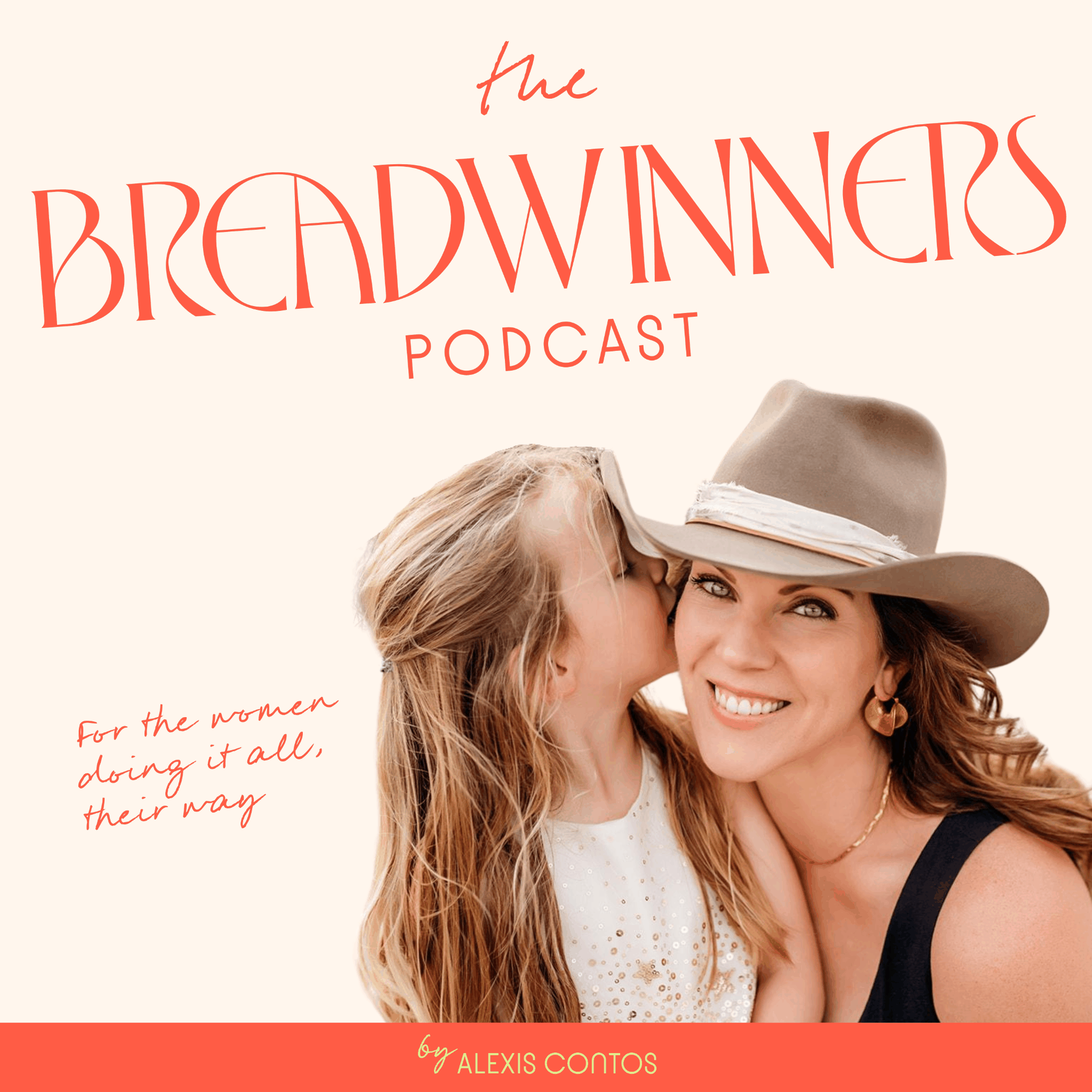 Podcast cover design for The Breadwinners featuring editorial typography and imagery representing modern working motherhood.
