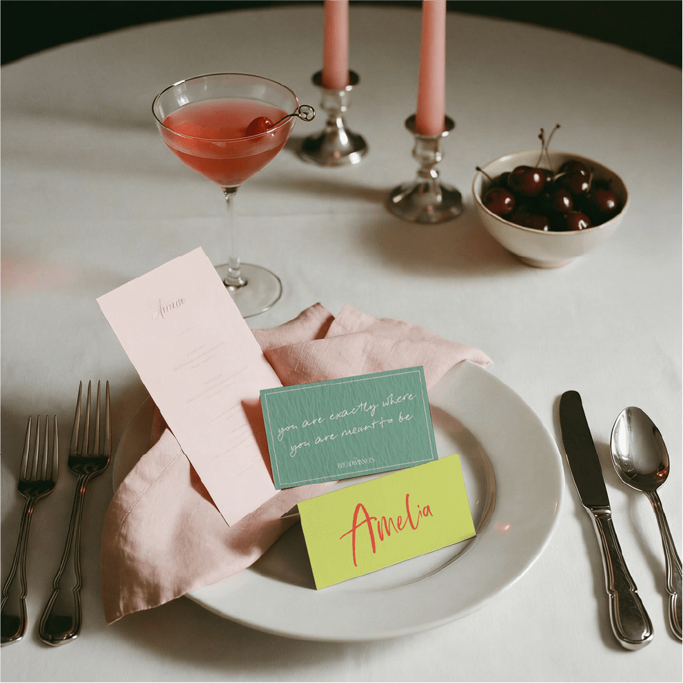 The Breadwinners Dinner event styling with branded menu design, affirmation card, and custom place setting for working mothers community.