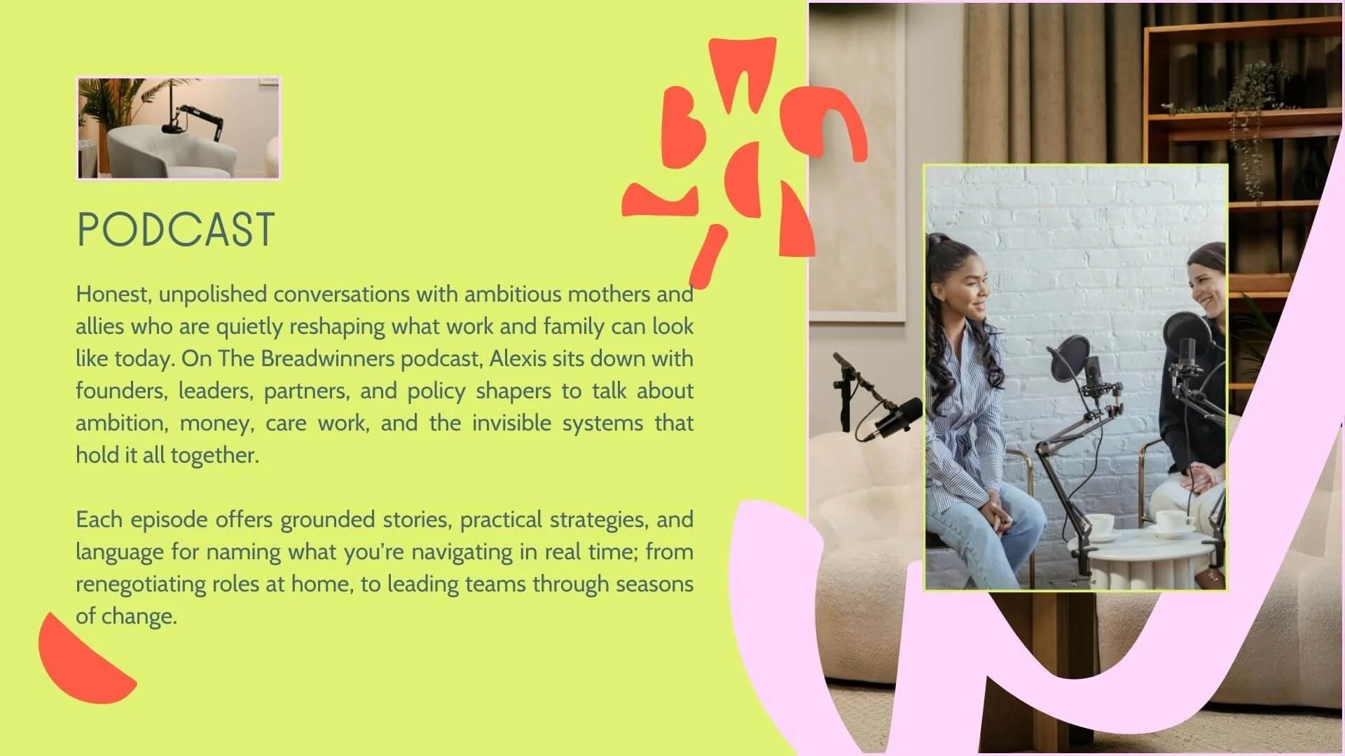 Podcast branding slide design for The Breadwinners featuring bold typography, vibrant brand patterns, and imagery of a recorded interview session.