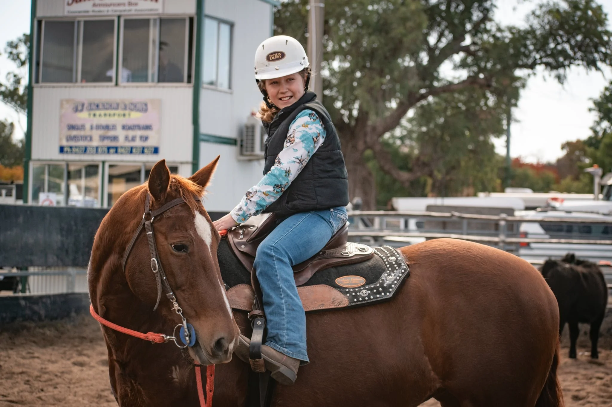 A young girl wearing a helmet and a vest riding a brown horse at a riding arena, with a signboard and trees in the background.