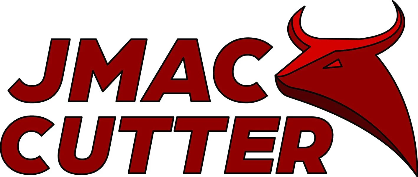 Logo with the words "JMAC CUTTER" in bold red letters and a stylized red devil head with horns next to the text.