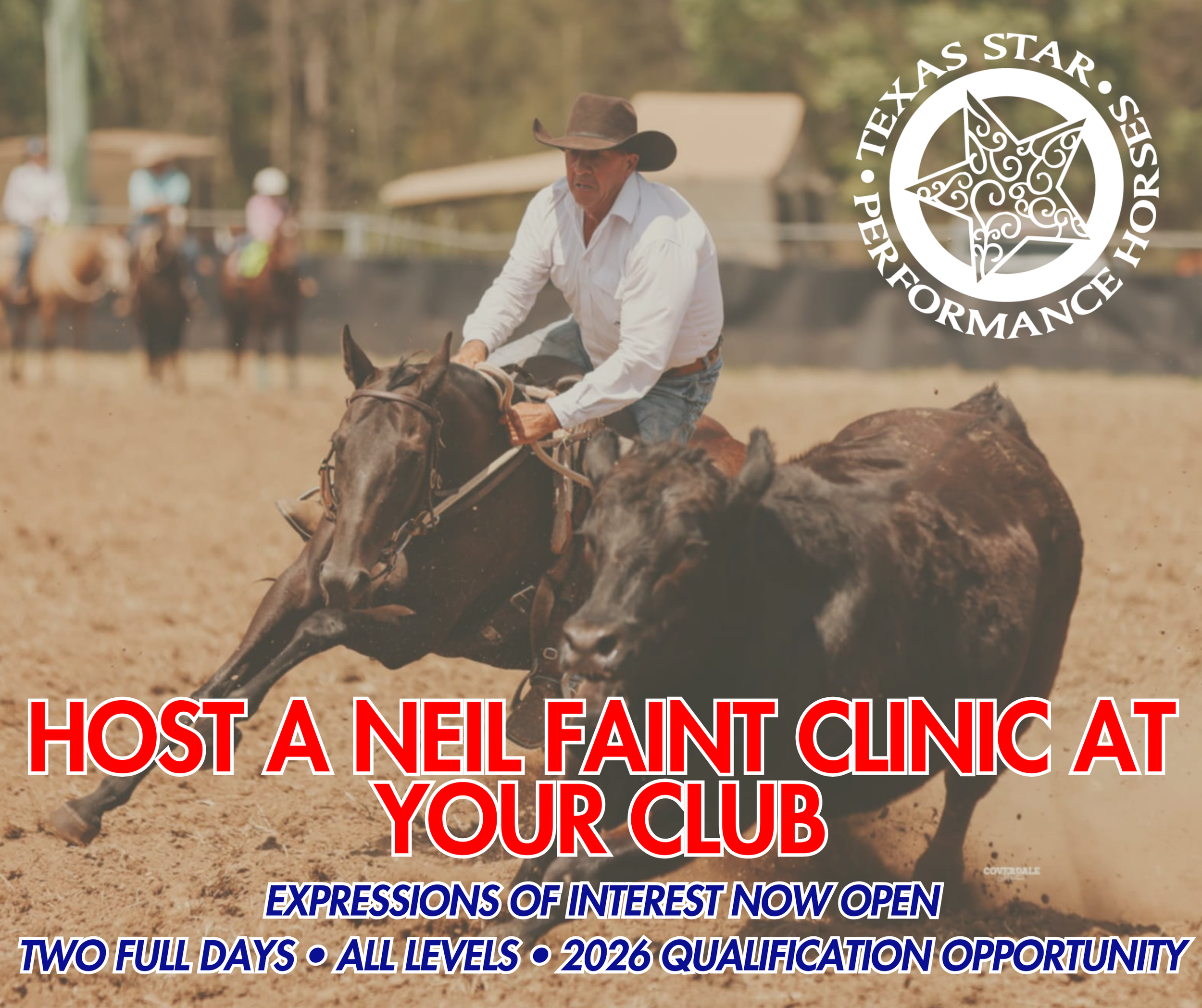 A cowboy in a white shirt and brown hat riding a bucking horse during a rodeo event. In the background, there are other riders and horses, with a white tent and trees visible. The scene is in an outdoor arena.