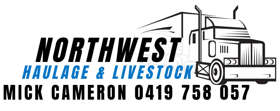 Logo for Northwest Haulage & Livestock featuring a stylized truck illustration, bold black and blue text, and contact information for Mick Cameron.